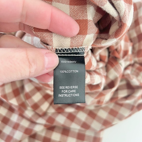 Aakaa Brown Gingham ¾ Sleeve Tie Waist Ruffle Shorts Cotton Romper Size Medium - Picture 11 of 12